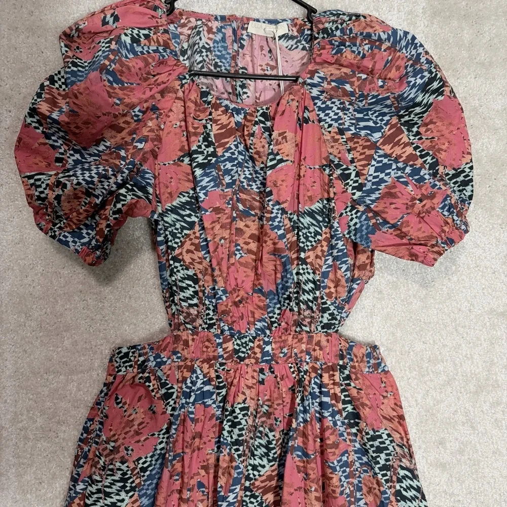 Ulla Johnson Coral and Blue Asymmetrical Floral Midi Dress - Picture 8 of 16